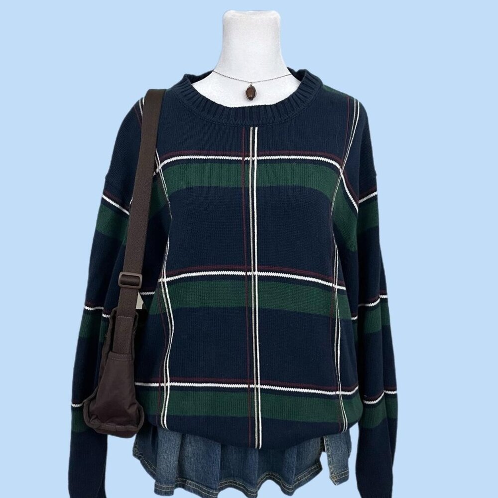 y2k green blue plaid preppy skater knit sweater